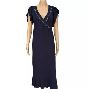 Altard State Embroidered Navy Blue Long Maxi Dress Futter Sleeve Faux Wrap S